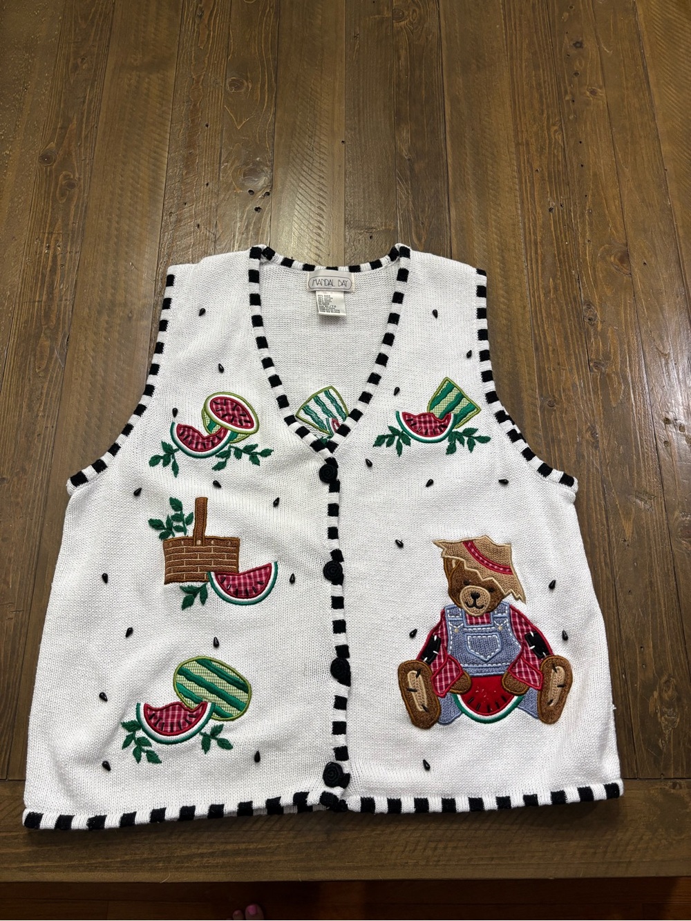 Mandal Bay 90’s Vintage V-Neck Sweater Vest with Bear & Watermelon Appliqué